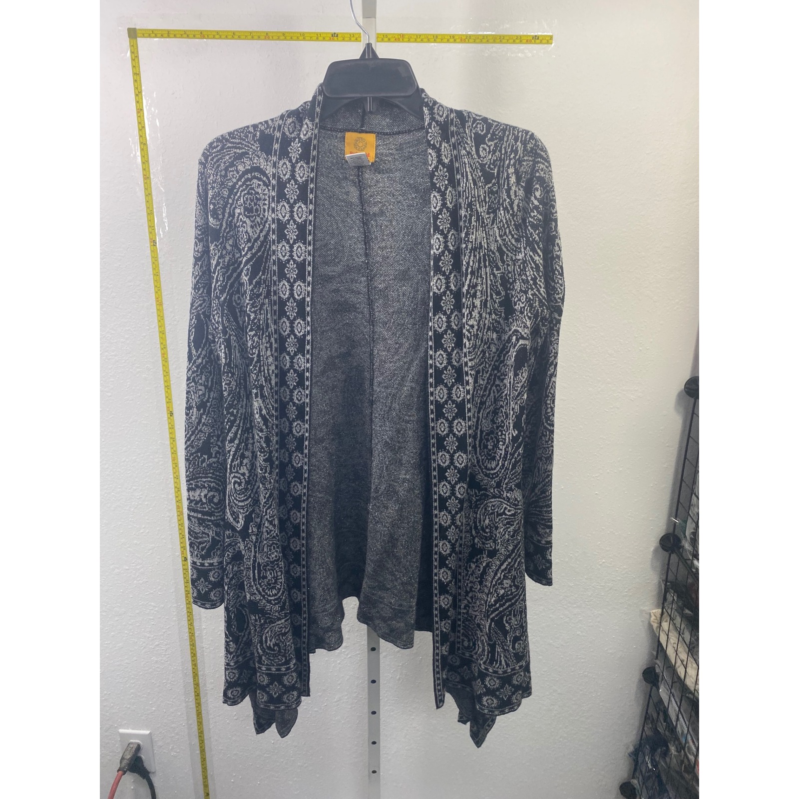 Ruby Rd Womens Paisley Metallic Open Front Cardigan Black White Sharkbite Hem M